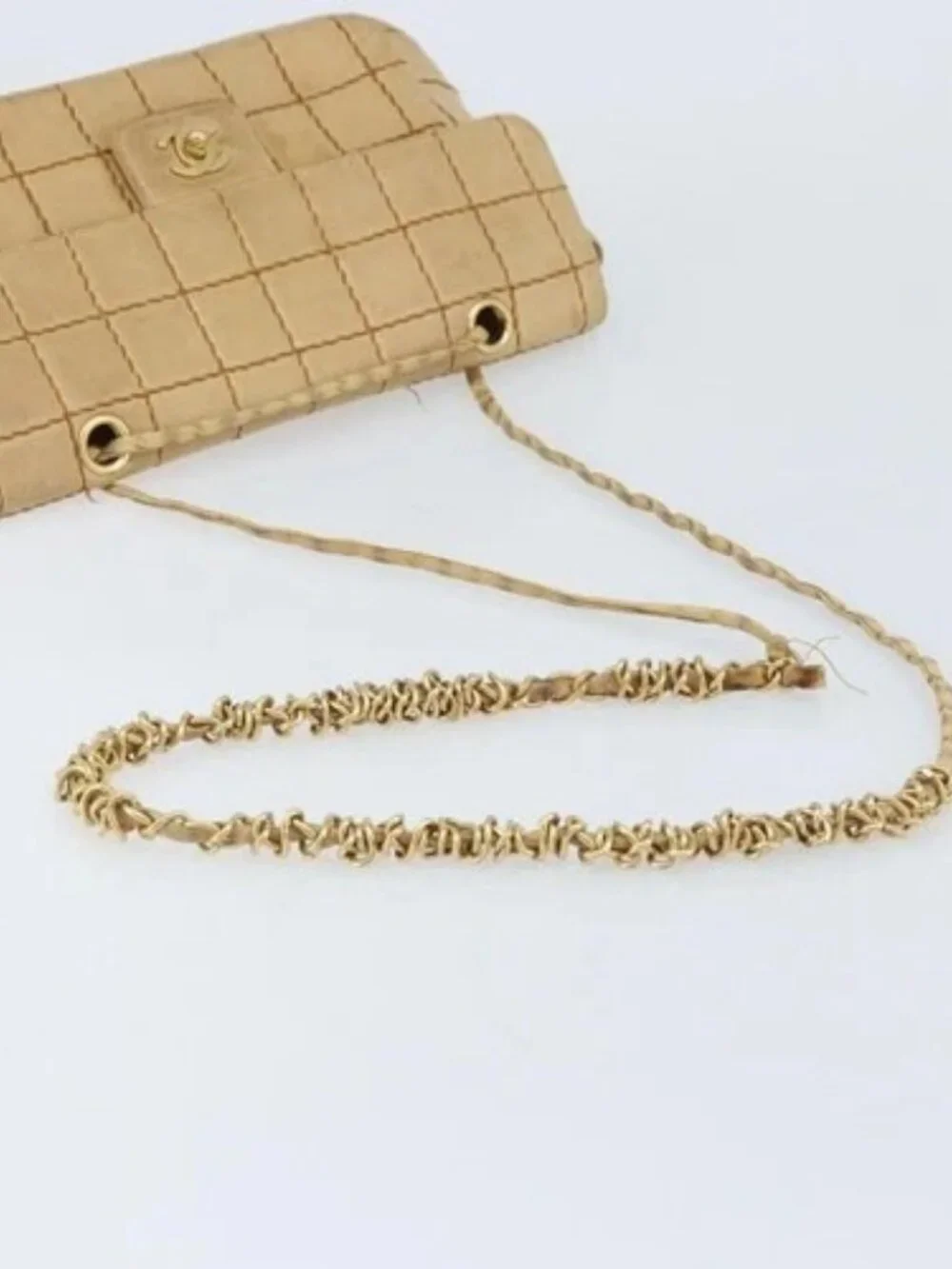 CHANEL Wild Stitch Choco Bar Chain Bag Lamb Skin Beige Gold CC Auth gh2006